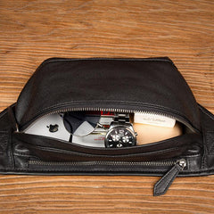 Cool Black Leather Fanny Pack Mens Waist Bag Hip Pack Black Belt Bags Bumbag for Men - imessengerbags