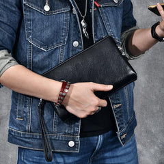 Black Leather Mens Brown Business Long Wallet Clutch Bag Wristlet Wallet For Men - imessengerbags