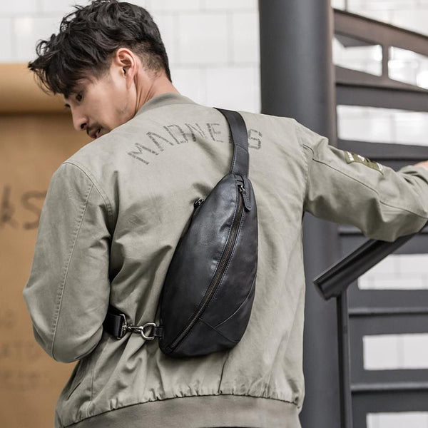 Black Cool Leather Mens Sling Bag Chest Bag Black Sling Pack One Shoulder Backpack for Men - imessengerbags