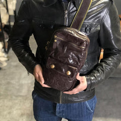Genuine Leather Mens Cool Chest Bag Sling Bag Crossbody Bag Travel Bag Hiking Bag for men - imessengerbags