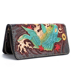 Handmade Leather Carp Mens Chain Biker Wallet Cool Leather Wallet Long Phone Wallets for Men - imessengerbags
