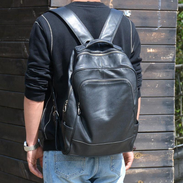 Cool Black Leather Mens Backpacks 15inch Laptop Backpacks School Backpack for Men - imessengerbags