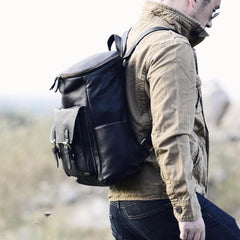 Genuine Leather Mens Cool Backpack Sling Bag Large Black Travel Bag Hiking Bag for men