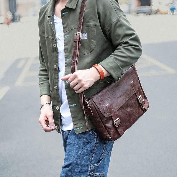 Brown Leather Mens Casual Courier Bags Messenger Bags 10 inches Postman Bag For Men - imessengerbags