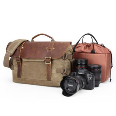 Canvas Leather Mens 14‘’ CANON CAMERA Messenger Bag NIKON CAMERA Side BAG DSLR CAMERA BAG