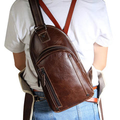 Genuine Leather Mens Cool Chest Bag Sling Bag Crossbody Bag Travel Bag Hiking Bag for men