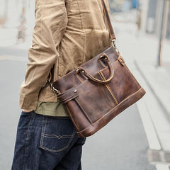 Vintage Dark Brown Mens Leather Briefcase Work Handbags Brown 14'' Computer Briefcase For Men - imessengerbags