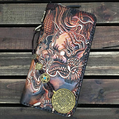 Black Handmade Tooled Chinese Dragon Leather Long Biker Wallet Chain Wallet Clutch Wallet For Men