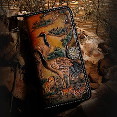 Handmade Leather Mens Clutch Wallet Cool Red-Crowned Crane Tooled Wallet Long Zipper Wallets for Men - imessengerbags