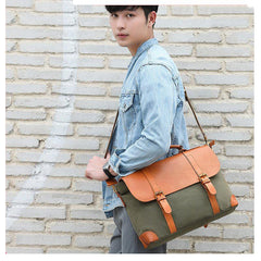 Army Green Leather Canvas Mens Casual Briefcase Shoulder Bag Messenger Bags Casual Courier Bags for Men