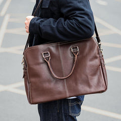 Vintage Brown Mens Leather Briefcase Work Handbag Dark Coffee 14'' Computer Briefcase For Men - imessengerbags