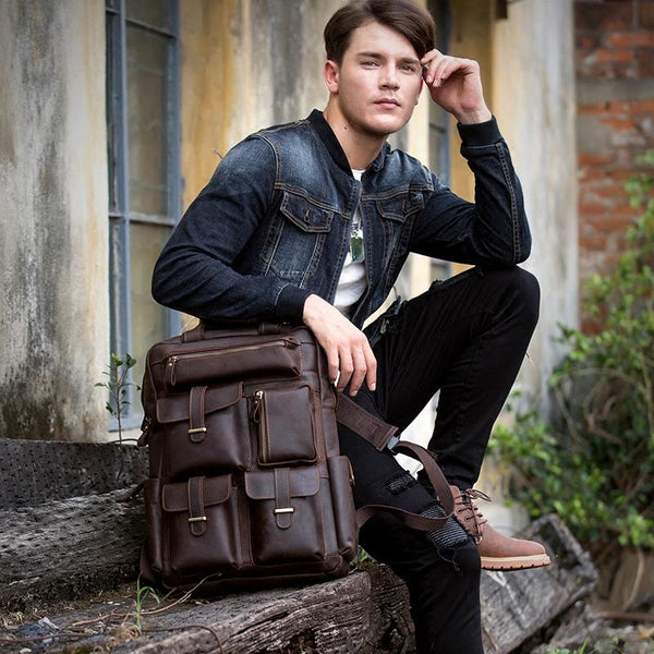 Dark Brown Casual Mens Leather 16inches Computer Backpacks Large Brown Travel Backpack School Backpacks for men - imessengerbags