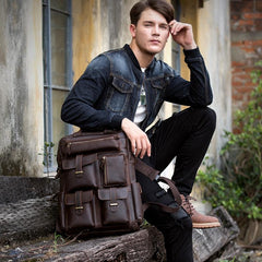 Dark Brown Casual Mens Leather 16inches Computer Backpacks Large Brown Travel Backpack School Backpacks for men - imessengerbags