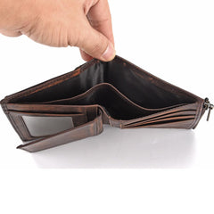 Brown MENS LEATHER Bifold Wallet Short Wallet Card Wallet Dark Brown Coin Wallet FOR MEN