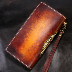 Handmade Leather Tiger Tooled Mens Chain Biker Wallet Cool Leather Wallet Long Phone Wallets for Men