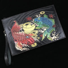 Black Handmade Tooled Leather Double Carps Clutch Wallet Wristlet Bag Clutch Purse For Men - imessengerbags