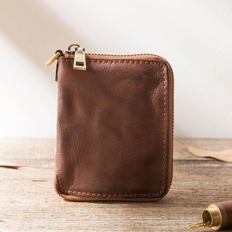 Black Leather Mens Small Card Wallet Front Pocket Wallet Brown Zipper Coin billfold Wallet For Men - imessengerbags