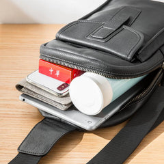 Cool Mens Black Leather 8 inches Chest Bag Sling Black One Shoulder Backpack Sling Backpack for men - imessengerbags