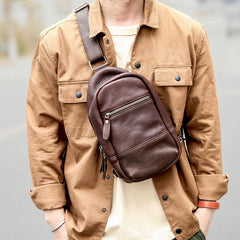 Vintage Dark Brown Leather Mens Chest Bag Red Brown Sling Bag Sling Pack For Men - imessengerbags