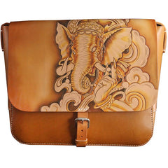 Brown Handmade Ganesha Tooled Leather Courier Bag Messenger Bag Side Bag For Men