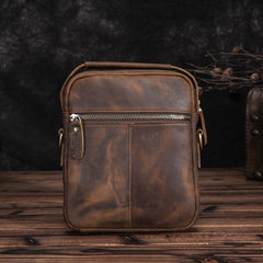 Dark Brown Leather Small Zipper Messenger Bag Vertical Side Bag Brown Courier Bag For Men