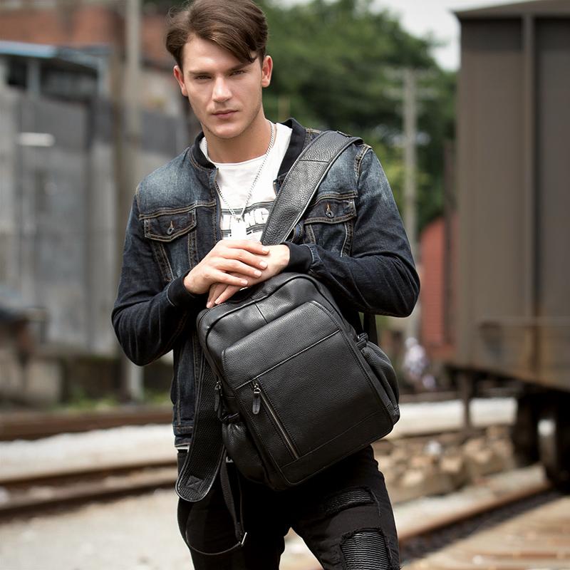 black leather computer backpack mens Black Business Mens Leather 14-inch Computer Backpacks Cool Travel Black Backpacks School Backpack for men
