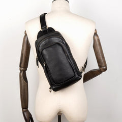 Black Leather Mens Cool Sling Bags Crossbody Pack Black One Shoulder Backpack Chest Bags for men