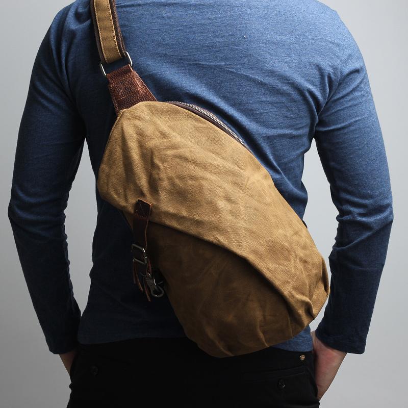 Canvas Leather Mens Camouflage Chest Bag One Shoulder Backpack Khaki Sling Bag for Men - imessengerbags