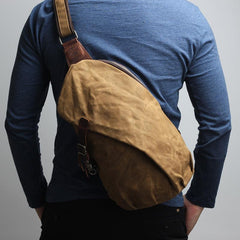 Canvas Leather Mens Camouflage Chest Bag One Shoulder Backpack Khaki Sling Bag for Men - imessengerbags