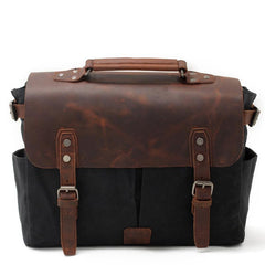 Cool Canvas Leather Mens Side Bag Black Shoulder Bag Khaki Messenger Bag for Men - imessengerbags
