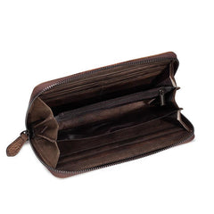 Brown Vintage Wallet Leather Mens Womens Tooled Long Wallet Zipper Black Clutch Wallet For Men - imessengerbags