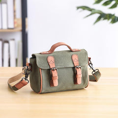 Canvas Leather Mens Womens Green Portable Side Bag Khaki Messenger Bag Small Courier Bag For Men - imessengerbags