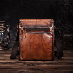 Cool Brown Leather Vertical Messenger Bag Men's Brown Side Bag Shoulder Bag Courier Bag For Men