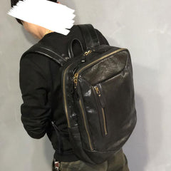 Genuine Leather Mens Cool Backpack Sling Bag Large Black Travel Bag Hiking Bag for men