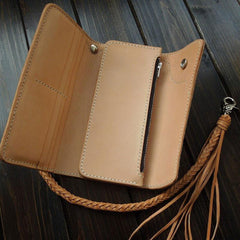 Handmade Leather Biker Wallet Mens Cool Chain Trifold Wallet Trucker Wallet with Chain