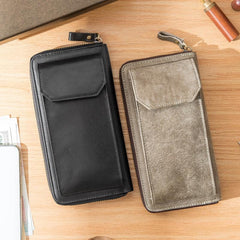 Black Cool Leather Mens Long Wallets Bifold Zipper Gray Long Wallet Card Wallet for Men - imessengerbags