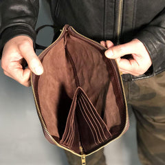 Handmade Genuine Leather Mens Clutch Cool Slim Wallet Zipper Clutch Wristlet Wallet for Men