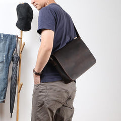 Casual Black Leather Mens 11 inches Courier Bags Messenger Bag Vintage Brown Postman Bags For Men - imessengerbags
