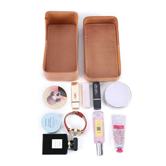 Beige Womens Leather Storage Box Portable Cosmetic Bag Multifunctional Clutch Box For Men