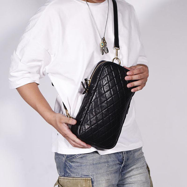 FASHION BLACK LEATHER MEN'S 10 INCHES SLING BAG ONE SHOULDER MESSENGER BAG CHEST BAG DIAGONAL BAG FOR MEN