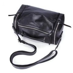 Fashion Black Leather Men's Small Barrel Side Bag Travel Bag Small Black Overnight Bag For Men - imessengerbags