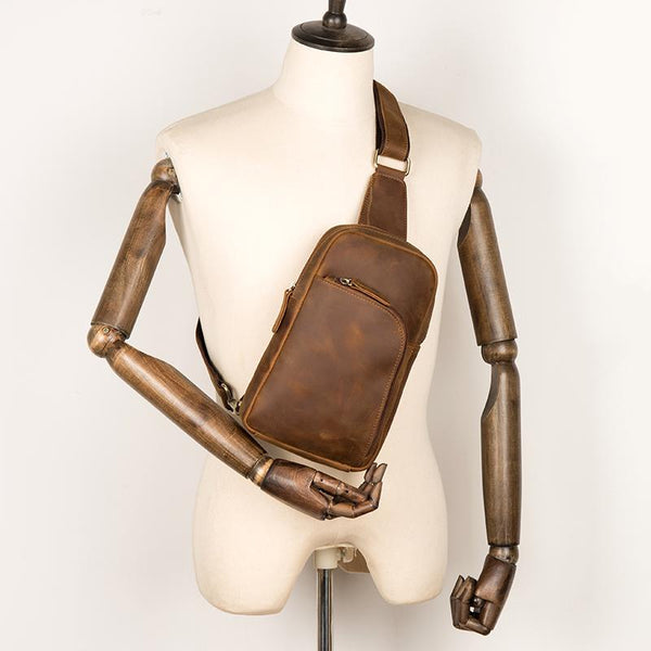 Dark Brown Leather Mens Cool Sling Bags Brown Crossbody Pack Chest Bag One Shoulder Backpack for men - imessengerbags