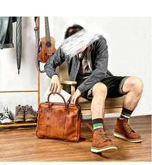 Vintage Brown Mens Leather Briefcase Work Handbag Black 14'' Computer Briefcases For Men - imessengerbags