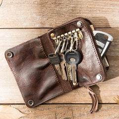 Black Handmade Leather Mens Small Car Key Wallet Dark Brown Key Holder Coin Purse Card Holder For Men - imessengerbags