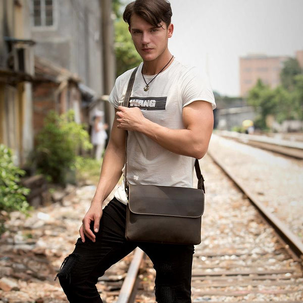 Black Leather 10 inches Mens Casual Messenger Bag Shoulder Bags for Men - imessengerbags