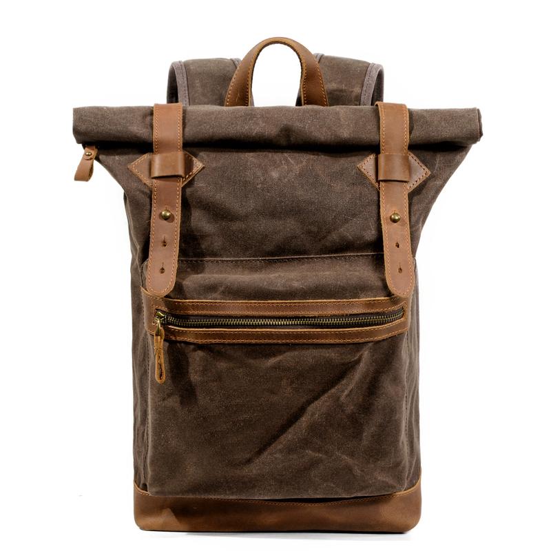 Waxed Canvas Leather Mens 15'' Hiking Green Backpack Black Computer Backpack Travel Backpack for Men - imessengerbags