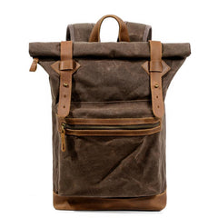 Waxed Canvas Leather Mens 15'' Hiking Green Backpack Black Computer Backpack Travel Backpack for Men - imessengerbags