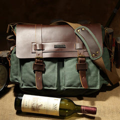 Canvas Leather Mens Vintage Khaki Travel Side Bag Green Messenger Bag Brown Courier Bag for Men - imessengerbags