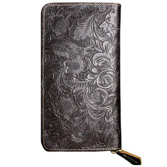 Handmade Leather Floral Mens Cool Travel Long Wallet Card Holder Card Slim Clutch Wallets for Men - imessengerbags