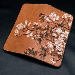 Handmade White Flowers Magnolia denudata Tooled Leather Womens Long Wallet Zipper Clutch For Women - imessengerbags